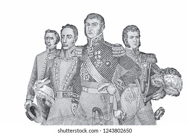 Small Depiction Of Soldier And War Monument; Jose Artigas, Simon Bolivar, Jose San Martin, And Bernardo OHiggins Portrait From Argentina Banknote.