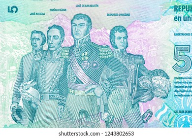 Small Depiction Of Soldier And War Monument; Jose Artigas, Simon Bolivar, Jose San Martin, And Bernardo OHiggins Portrait From Argentina 5 Peso Banknotes.
