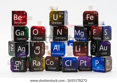 Small dice with the names of the elements of the periodic table of chemistry