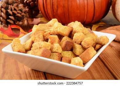 A Small Dish Of Pumpkin Cornbread Croutons For Soups And Salads On A Holiday Table