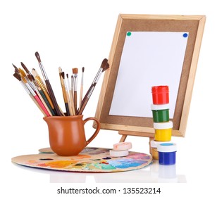 Small Easel With Sheet Of Paper And Art Supplies Isolated On White