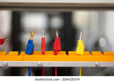 Small Electrical Connectors In A Science Lab. Close Up Front View, Shallow Depth Of Field, No People.