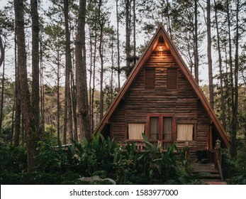 Small European-style resort wooden house or wooden hut in a pine forest in Chiang Mai, Thailand, in an environment similar to Europe or Canada.