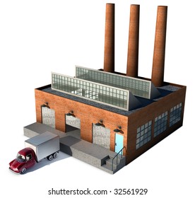 A Small Factory With A Cargo Truck At A Loading Dock Isolated On White