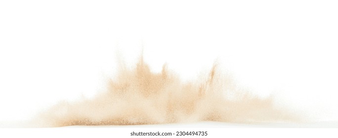 Small Fine size Sand flying explosion, Golden grain wave explode. Abstract cloud fly. Yellow colored sand splash throwing in Air. White background Isolated high speed shutter, throwing freeze stop - Shutterstock ID 2304494735