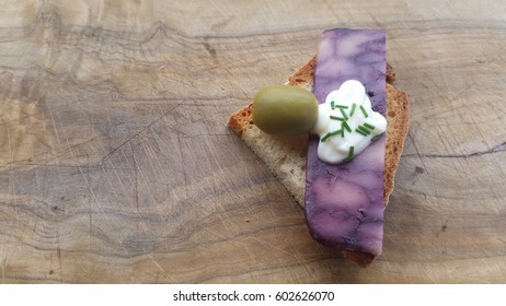 Small Finger Food Sandwich With Port Wine Derby Cheese Green Olive Chives And Mayonnaise On Home Baked Bread