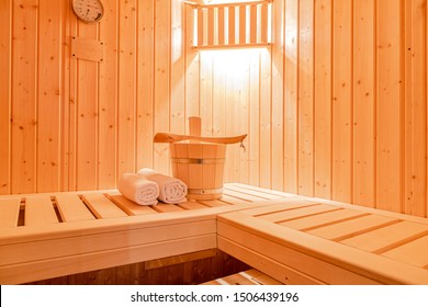 in a small Finnish sauna, with sauna accessories