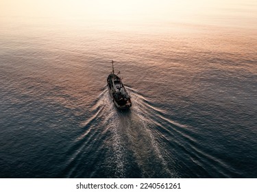 Small Fishing Boat catch fish, aerial Top View from drone. Industrial commercial fishing - Shutterstock ID 2240561261