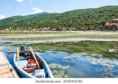 A small fishing boat docked on the calm waters of Lake Prespa near Psarades village, surrounded by lush green hills and aquatic plants. - Powered by Shutterstock