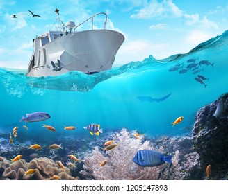 Small fishing boat in the ocean. 3D illustration.