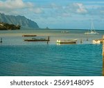 Small Fishing Boats Moored Near Heeia Kea Marina With Mokolii Island Across Kaneohe Bay, Oahu, Hawaii, USA