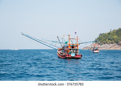 Small Fishing Trawler Off The Island In The Andaman Sea, Thailand