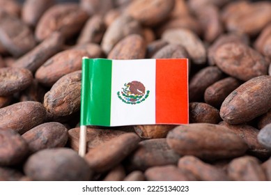 Small flag of Mexico in cocoa beans. Growing cocoa in Mexico, origin of cocoa used for making chocolate