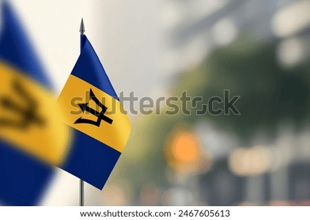 Small flags of Barbados on a blurred background