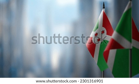 Small flags of the Burundi on an abstract blurry background.