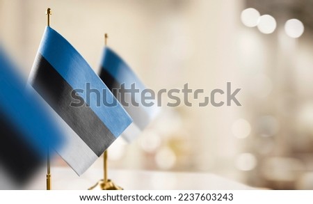 Small flags of the Estonia on an abstract blurry background