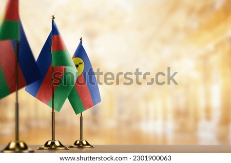 Small flags of the New Caledonia on an abstract blurry background.