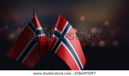 Small flags of the Norway on an abstract blurry background.