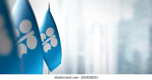 Small flags of Organization of the Petroleum Exporting Countries on a blurry background of the city