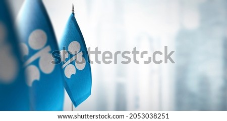 Small flags of Organization of the Petroleum Exporting Countries on a blurry background of the city