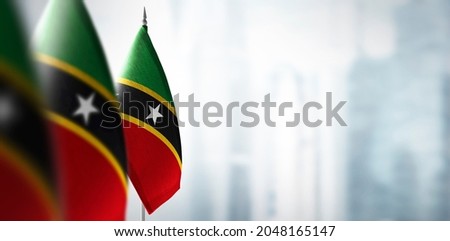 Small flags of Saint Kitts and Nevis on a blurry background of the city
