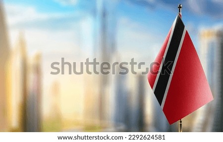 Small flags of the Trinidad and Tobago on an abstract blurry background.