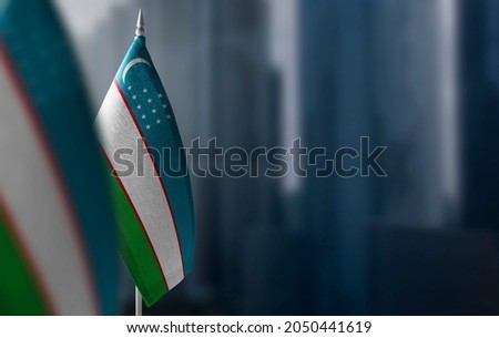 Small flags of Uzbekistan on a blurry background of the city