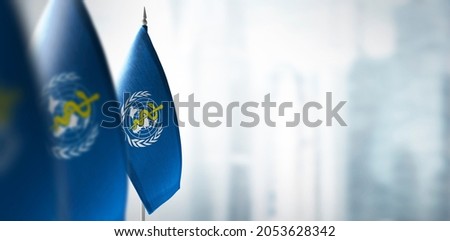 Small flags of World Health Organization WHO on a blurry background of the city