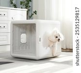 A small fluffy dog playfully exits a modern, minimalist white pet crate in a bright, cozy living room setting.