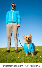 Small Fluffy Dog Standing With His Best Friend Owner In Matching Blue Hoodies Outdoors On Bright Green Field