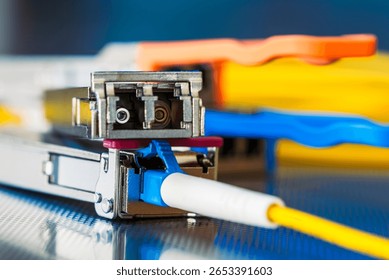 Small Form-Factor Pluggable with Fiber Optic Cable Used for Telecommunication and Data Communications Applications
