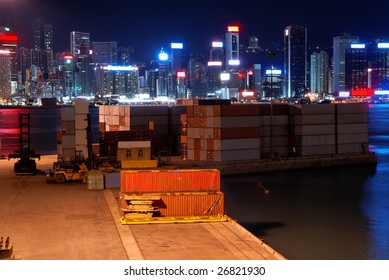 Small freight terminal in Hong Kong at night