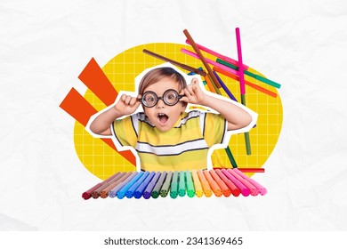 Small funny little kid boy collage elementary school highlighters different colors drawing artwork hobby isolated on white background - Powered by Shutterstock