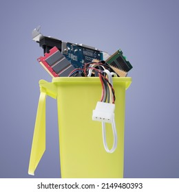 Small Garbage Can Full Of Computer Parts And Hardware, E-waste Concept