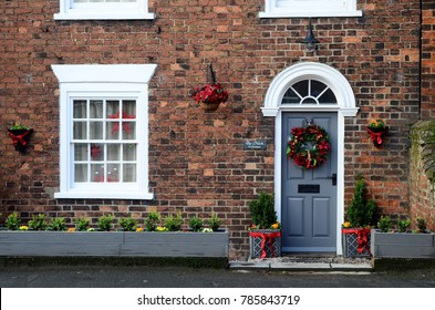 Small Georgian Town House Exterior, Decorated For Christmas, East Yorkshire, UK