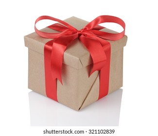 Small Gift Box Wraped In Recycled Paper With Ribbon Bow, Isolated On White Background