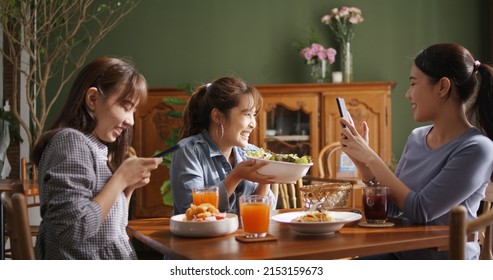 Small Girl Group Party Asia People Busy Talk Smile Eat Brunch Food Drink. Young Woman Fun Happy Hour Meal Shoot Photo Of Dish Plate Salad Bowl On Table Post Ig Reel Story App In Vegan Cafe Bar Shop.