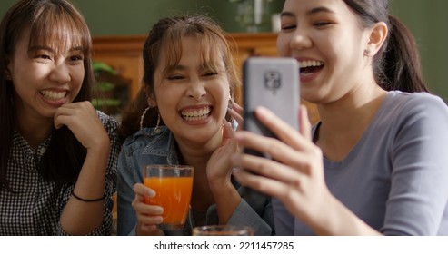 Small Girl Group Party Asia People Busy Talk Smile Eat Brunch Food Drink. Young Woman Fun Happy Hour Meal Shoot Photo Of Dish Plate Salad Bowl On Table Post Ig Reel Story App In Vegan Cafe Bar Shop.