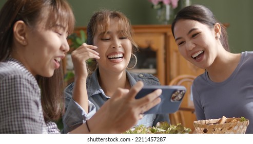 Small Girl Group Party Asia People Busy Talk Smile Eat Brunch Food Drink. Young Woman Fun Happy Hour Meal Shoot Photo Of Dish Plate Salad Bowl On Table Post Ig Reel Story App In Vegan Cafe Bar Shop.