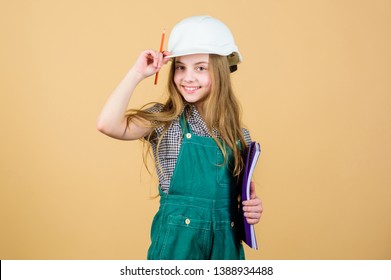 Small Girl Repairing In Workshop. Foreman Inspector. Repair. Child Care Development. Safety Expert. Future Profession. Builder Engineer Architect. Kid Worker In Hard Hat. This Is My Place