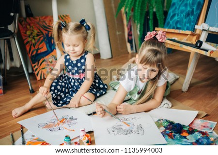 Small Girls Playing With Color Paints In Art Studio Finger Paint Early Development Small Girls Playing With Color Paints In Art Studio Finger Paint Early Development
