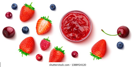Small glass bowl of red berry jam isolated on white background, sweet cherry jam, top view