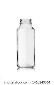small glass empty bottle after juice on a white background