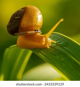 A small golden yellow snail is crawling on green grass leaves 