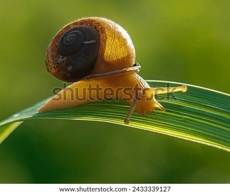 A small golden yellow snail is crawling on green grass leaves 