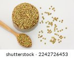 Small grains of natural green lentils in a decorative plate and in a wooden spoon