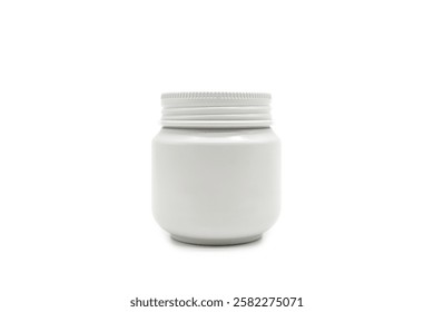 A small gray cylindrical jar isolated on white background. Copy space and Clipping path. Cream jar, cosmetic jar, food container, supplement container, beauty product packaging, mockup.