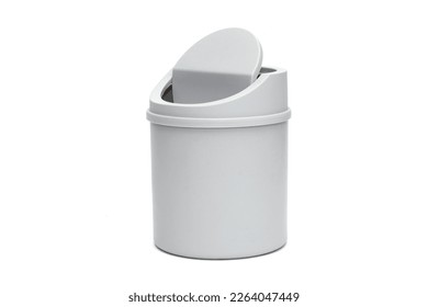 Small gray trash can isolated on white background, office paper bucket