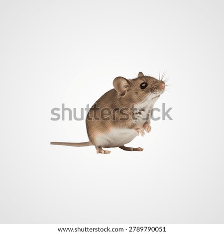 Small gray and white mouse perched on a thin wooden stick isolated