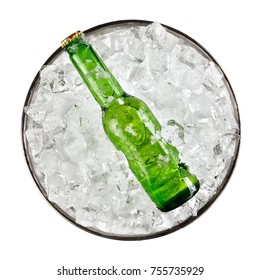 Small green beer bottle in a bucket with ice, top view
